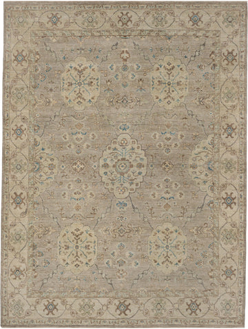 Roya Rugs hand knotted 8x10 pewter oriental rug made of wool with neutral ivory, blue, light green, brown and grey accents in a medallion design.