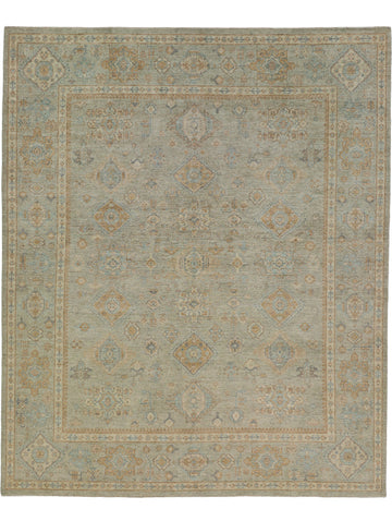 Roya Rugs green grey modern classic Persian Oushak wool rug with caramel brown and Carolina blue.