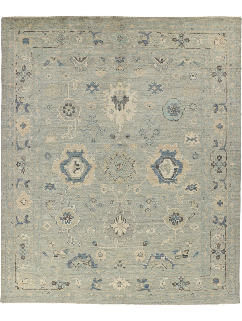 Roya Rugs hand knotted 8x10 oriental mint green oushak rug with indigo and spa colors.