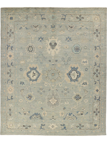 Roya Rugs hand knotted 8x10 oriental mint green oushak rug with indigo and spa colors.