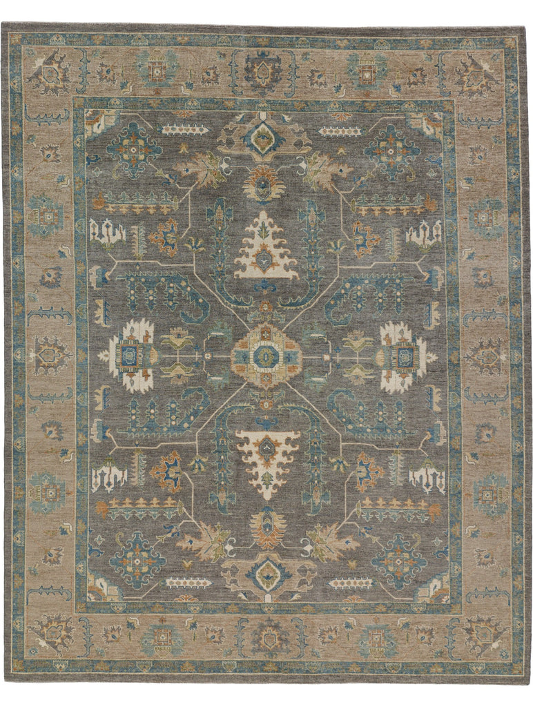 Quality hand knotted teal tribal rug 8 x 10 with colorful green, dark grey, and beige accents.