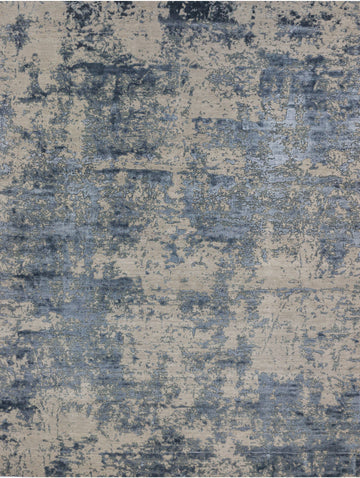 Roya Rugs hand knotted abstract modern navy rug 9x12 with dark blue, slate green and neutral grey with carved wool and bamboo silk pile.