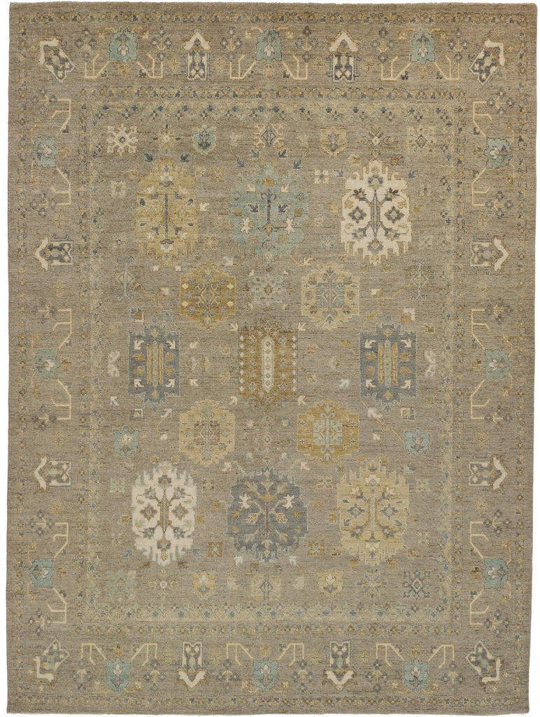 Roya Rugs hand knotted neutral Oushak rug in warm oat, moss and refreshing spa blue.