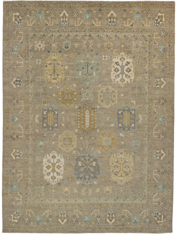 Roya Rugs hand knotted neutral Oushak rug in warm oat, moss and refreshing spa blue.