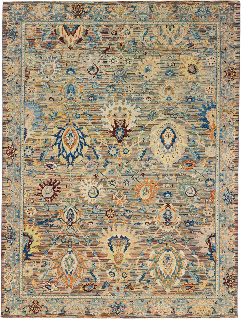 Roya Rugs hand knotted 9' x 12' whimsical rug with colorful Persian ombre floral design.
