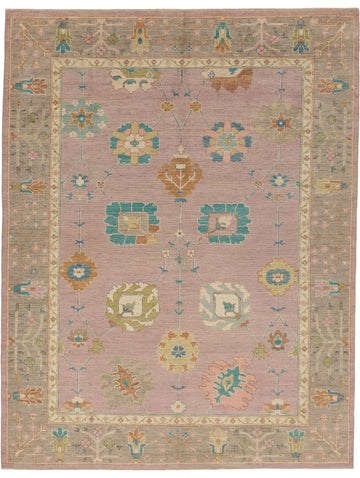 Roya Rugs quality modern oushak rug in lilac, light lavender, turquoise, brown, and citron green.