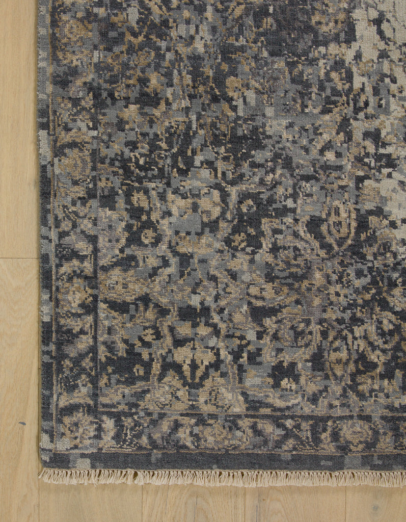 Luxury distressed silk rug hand knotted in champagne gold and graphite grey.