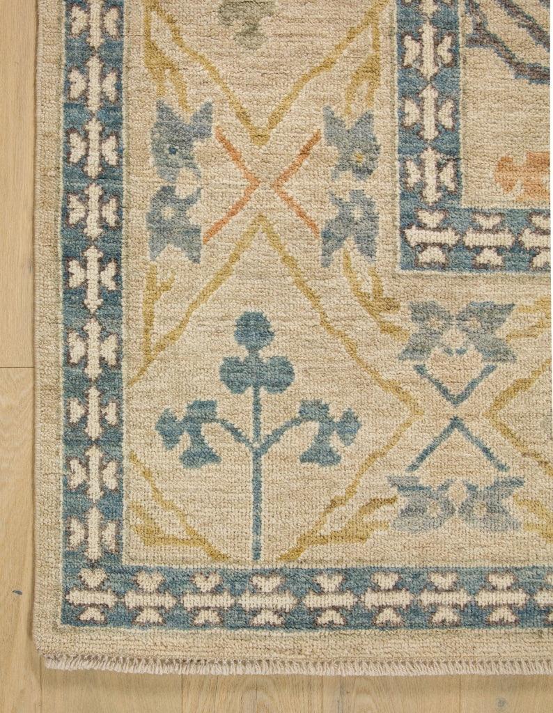 Hand Knotted neutral oriental rug 8x10 made of wool with denim blue, citron gold, copper orange and beige accents.