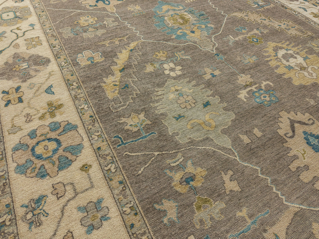 Grey floral area rug hand knotted of wool with aqua blue, mist, citron, moss green, silver and beige 9x12.