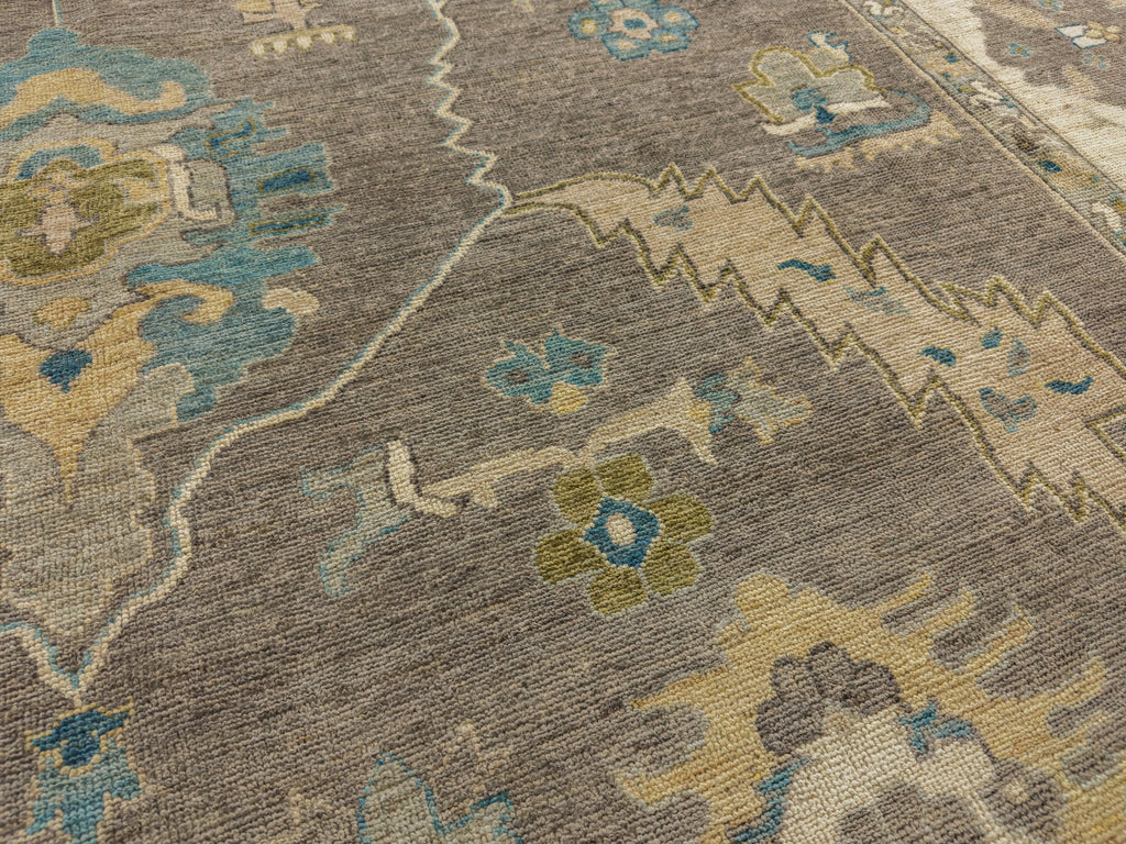 Citron green rug hand knotted area rug 9x12 with silver grey, aqua, blue, gold and beige in modern Oushak design.