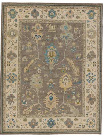Roya Rugs 9x12 silver grey rug in new oriental Oushak design with aqua blue, citron green, light gold, mist, beige and ivory colors.