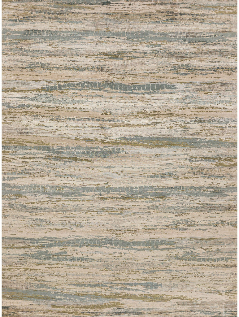 Roya Rugs 9x12 hand knotted modern green olive rug with spa blue, grey, silver, neutral and silk shimmer. 