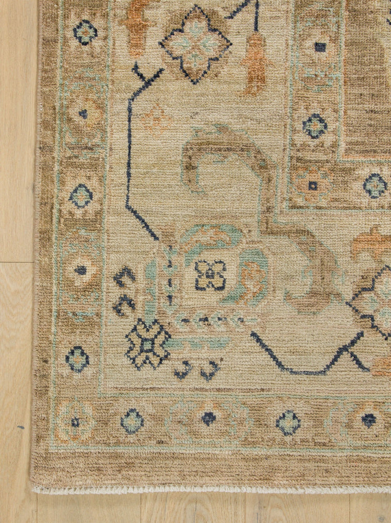 Roya Rugs Hickory NC oriental Oushak wool rug with mint, brown, beige and melon.