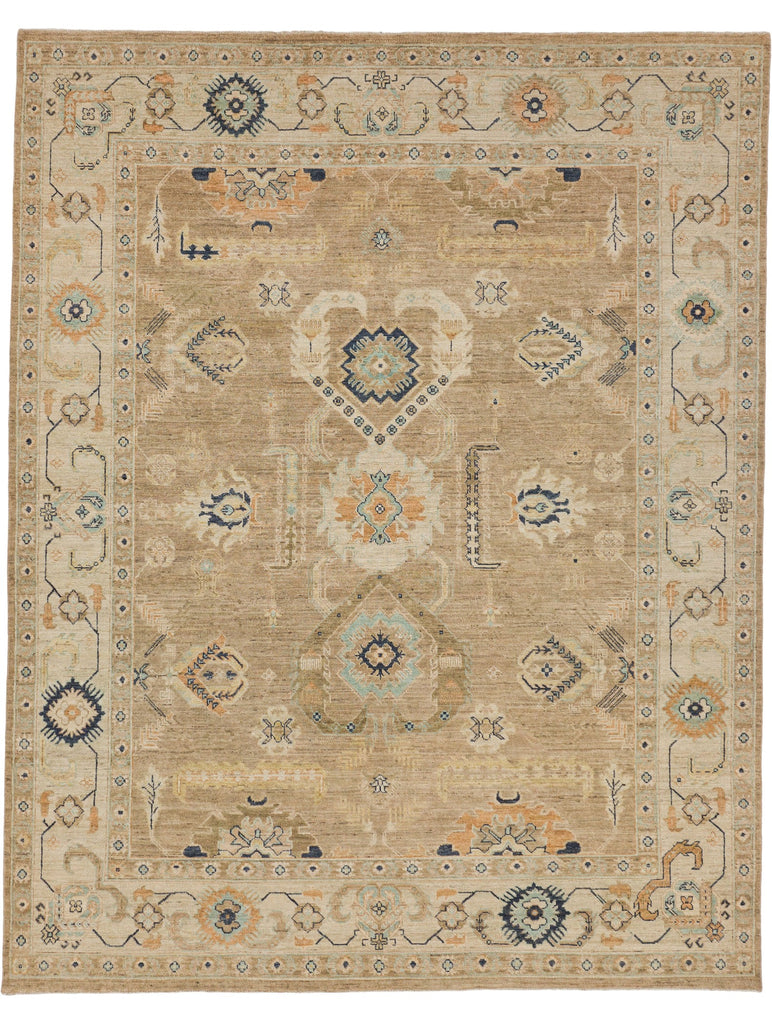 Roya Rugs muted colorful modern oushak rug 8x10 with mint, olive green, navy blue, melon orange and neutral color.