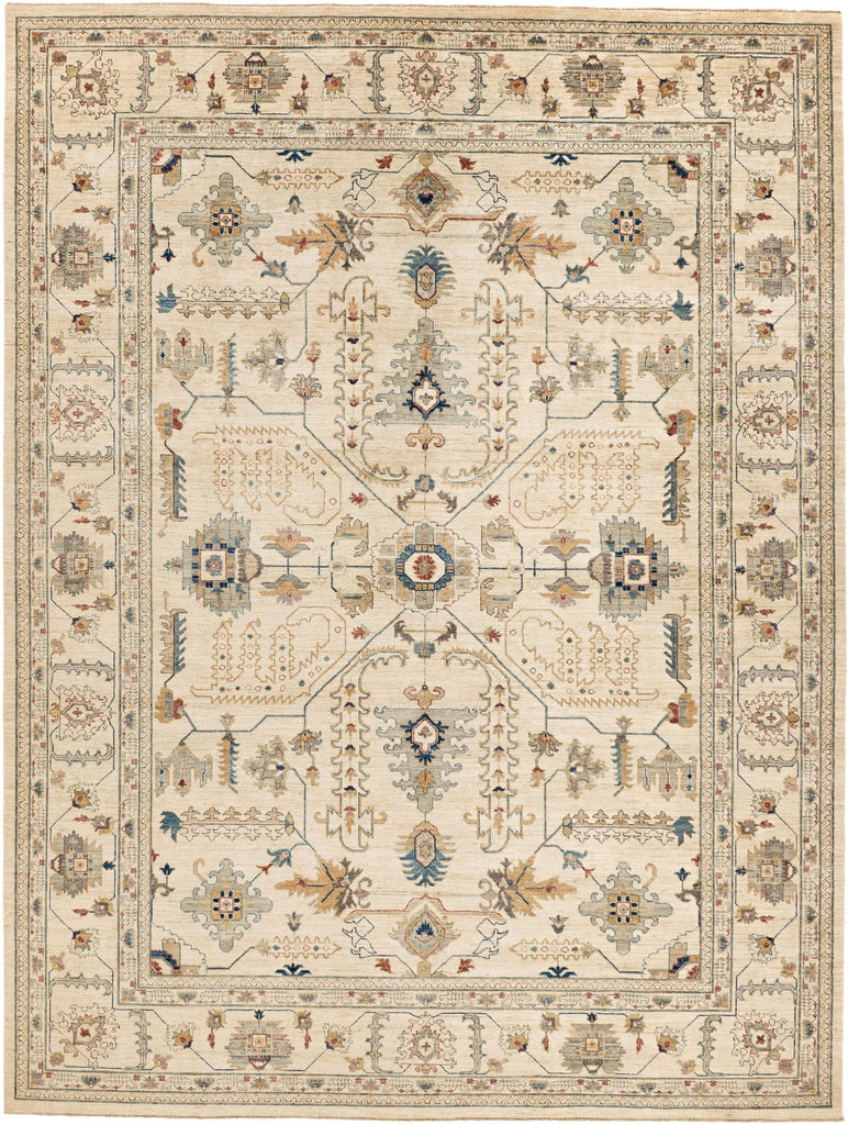 Roya Rugs 9x12 hand knotted ivory wool rug in geometric floral design with colorful navy, teal, orange, gold, beige patina, grey and green accents.