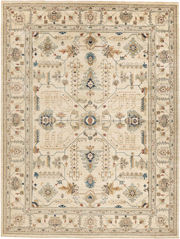 Roya Rugs 9x12 hand knotted ivory wool rug in geometric floral design with colorful navy, teal, orange, gold, beige patina, grey and green accents.