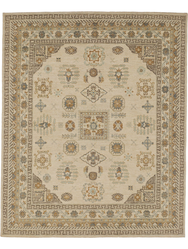 Roya Rugs luxury hand knotted neutral Persian rug 8x10 in ivory, caramel brown, spa blue and mist green.