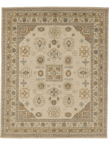 Roya Rugs luxury hand knotted neutral Persian rug 8x10 in ivory, caramel brown, spa blue and mist green.