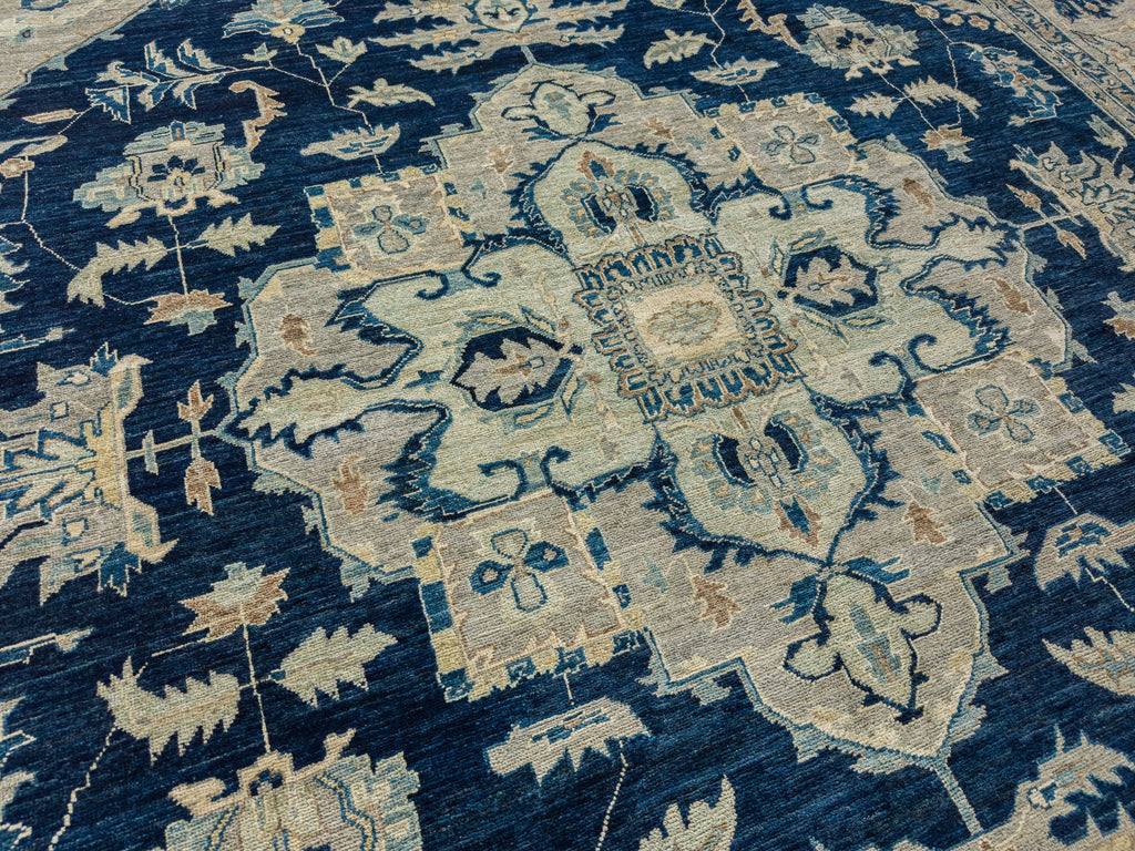New Persian Heriz large center medallion oriental rug with seafoam green, navy blue and beige accents.