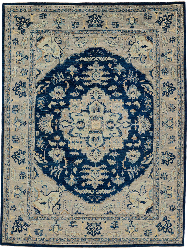 Roya Rugs 9x12 modern navy blue oriental rug with large Persian Heriz medallion hand knotted of luxury wool.