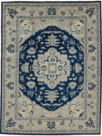Roya Rugs 9x12 modern navy blue oriental rug with large Persian Heriz medallion hand knotted of luxury wool.