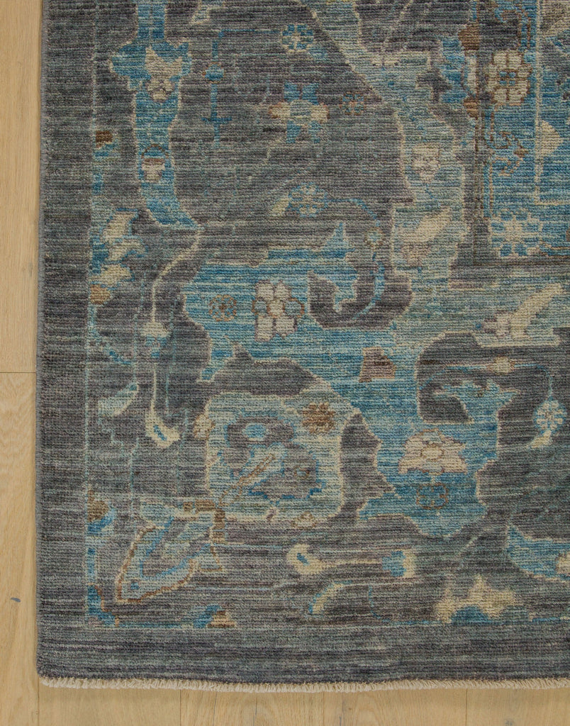 New hand knotted traditional grey Oushak rug with mist green, slate and azure blue.
