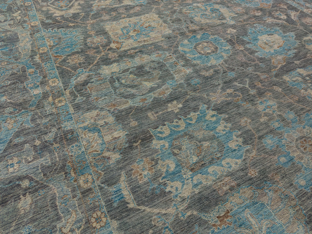 Modern oriental grey rug hand knotted of wool with brown, neutral linen and azure blue accent colors.