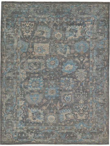 Roya Rugs 9x12 slate grey modern oushak rug hand knotted of luxury wool with azure blue, neutral grey linen, and brown.