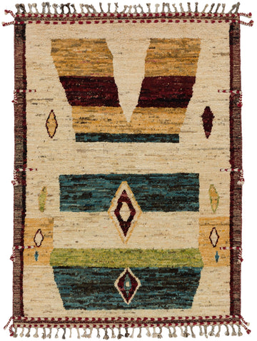 Roya Rugs 6x8 hand knotted colorful southwest rug in a tribal design with dark teal, deep red, pale orange, avocado green and natural beige wool.