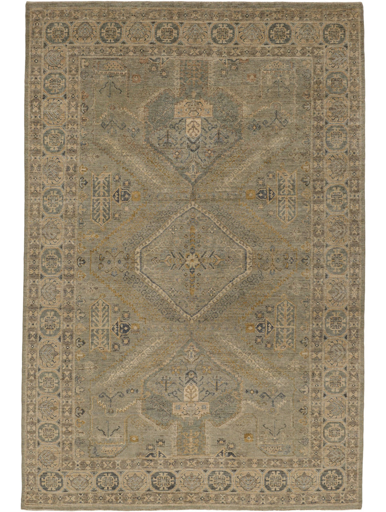 Roya Rugs hand knotted modern Oushak rug 6x9 in neutral light green, gold, grey, slate blue and ivory.