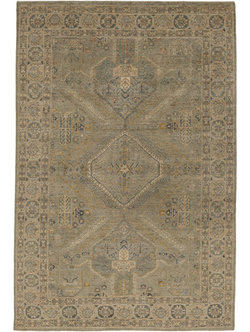 Roya Rugs hand knotted modern Oushak rug 6x9 in neutral light green, gold, grey, slate blue and ivory.