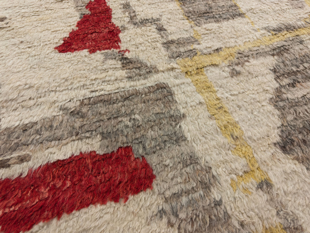 Colorful geometric Scandinavian rug hand knotted of wool shag with red, gold, brown, grey and ivory.