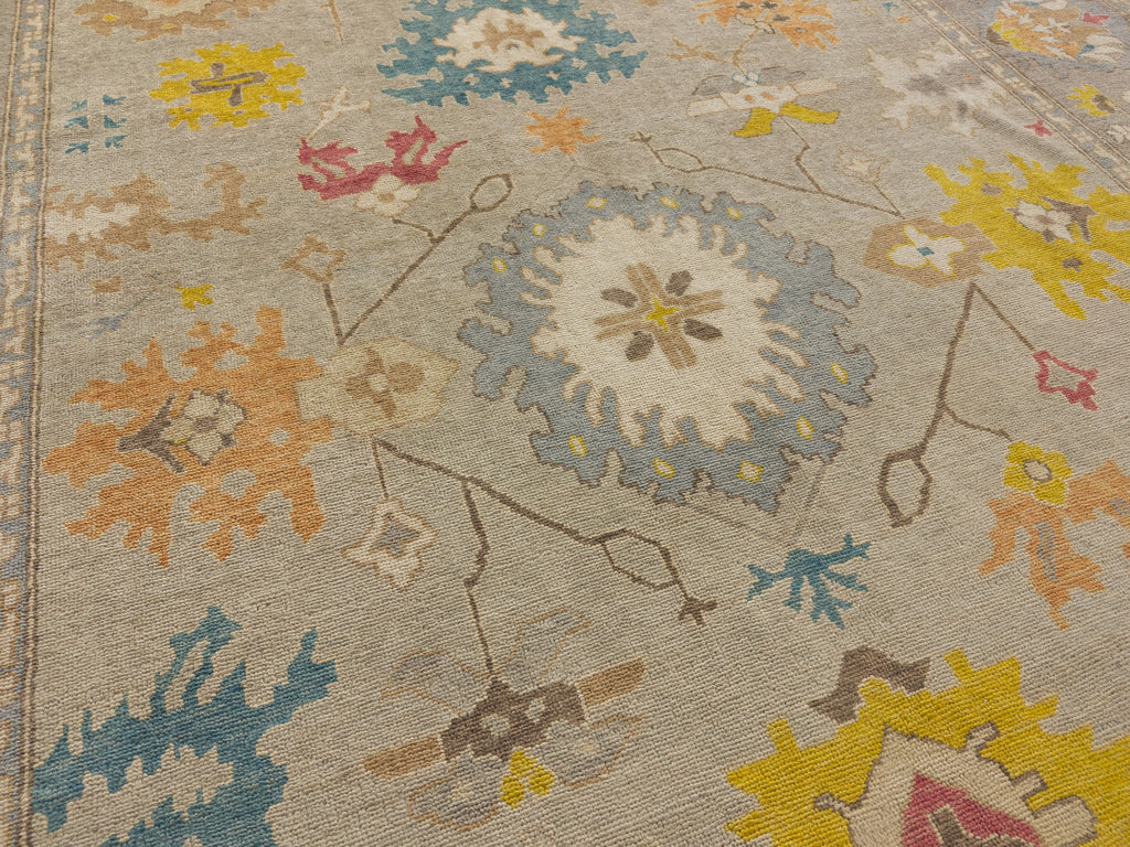 Perigold hand knotted one of a kind wool area rug with floral vibrant colors in Oushak Persian design.