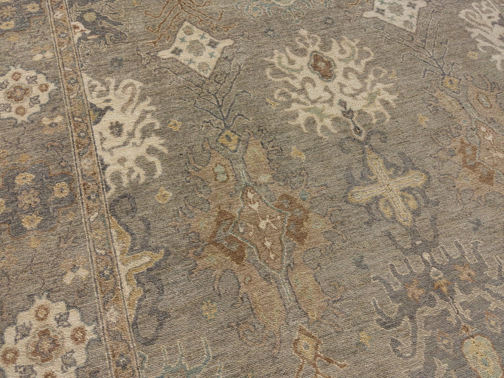 Floral light grey wool area rug 6 x 9 hand knotted with citrus gold, ivory, teal, brown and blue accents.