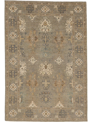 Roya Rugs light grey neutral Oushak rug 6x9 hand knotted of wool with green tint, teal accent, chocolate brown, ivory and citrus gold.