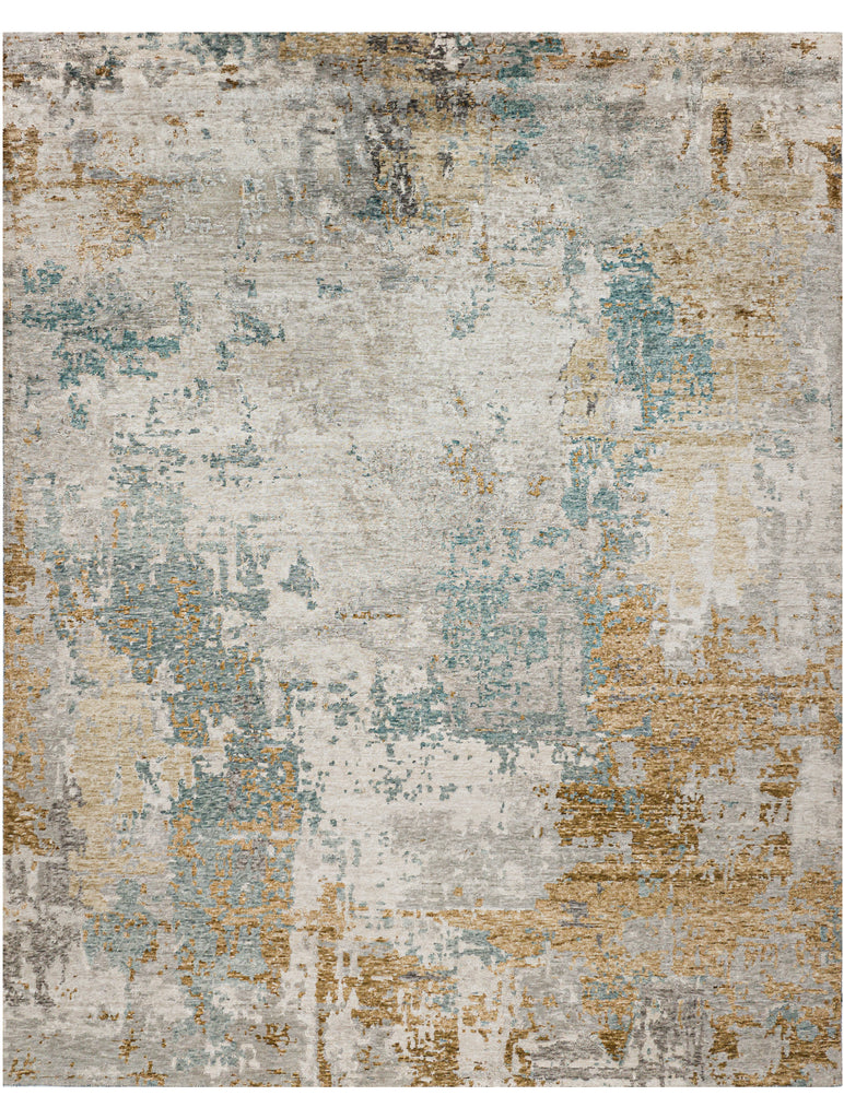 Modern hand knotted bamboo silk rug with dashes of teal, champagne gold, brass, grey and ivory white. Opulent contemporary rug.