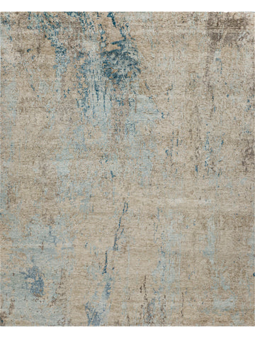 Modern hand knotted bamboo silk rug with light ocean blue, warm beige, taupe and grey undertones. Opulent contemporary rug.