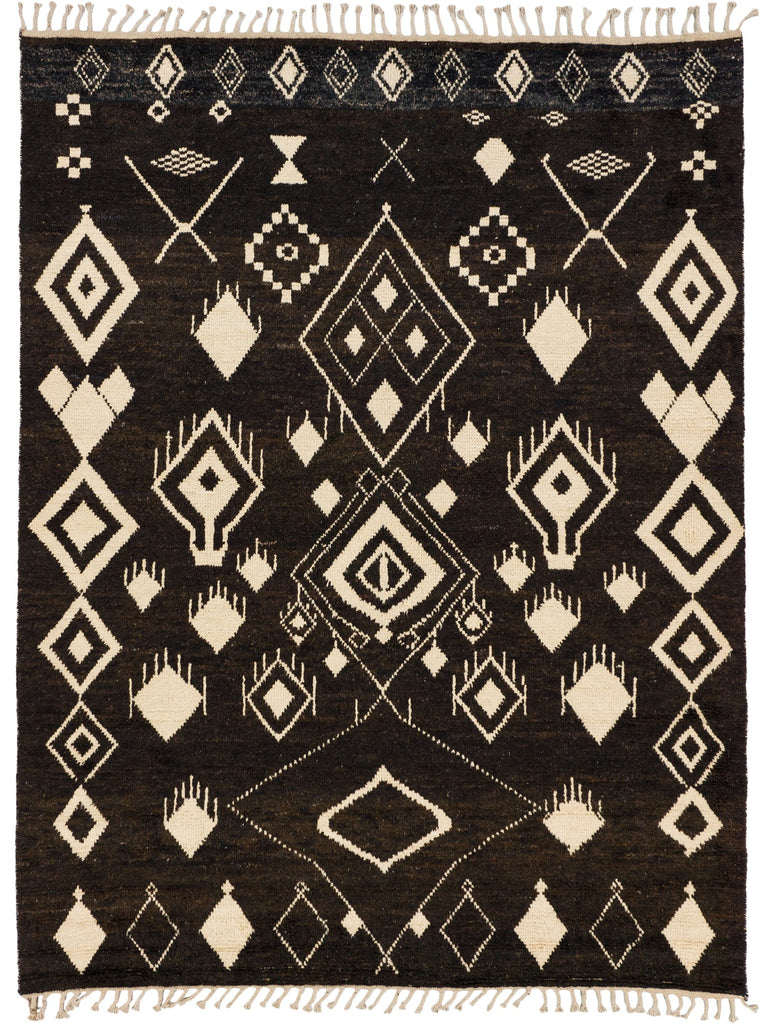 Roya Rugs hand knotted tribal dark brown rug 8x10 with Navajo design and beige accents.