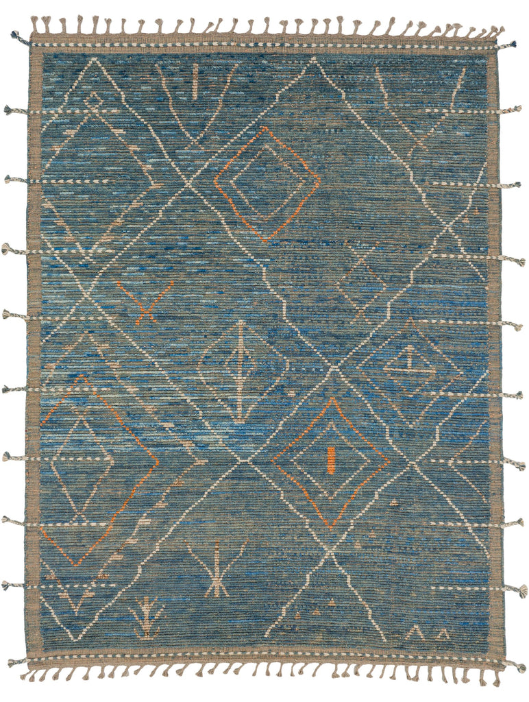 Roya Rugs hand knotted blue berber wool rug 8x10 with shades of smoky green, bright orange and ivory with a moroccan boho design.