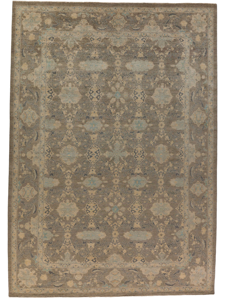 Roya Rugs large modern oushak warm grey rug in 10x14 with neutral tan and light robins egg blue color with floral oriental pattern and low pile texture North Carolina