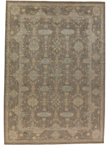 Roya Rugs large modern oushak warm grey rug in 10x14 with neutral tan and light robins egg blue color with floral oriental pattern and low pile texture North Carolina