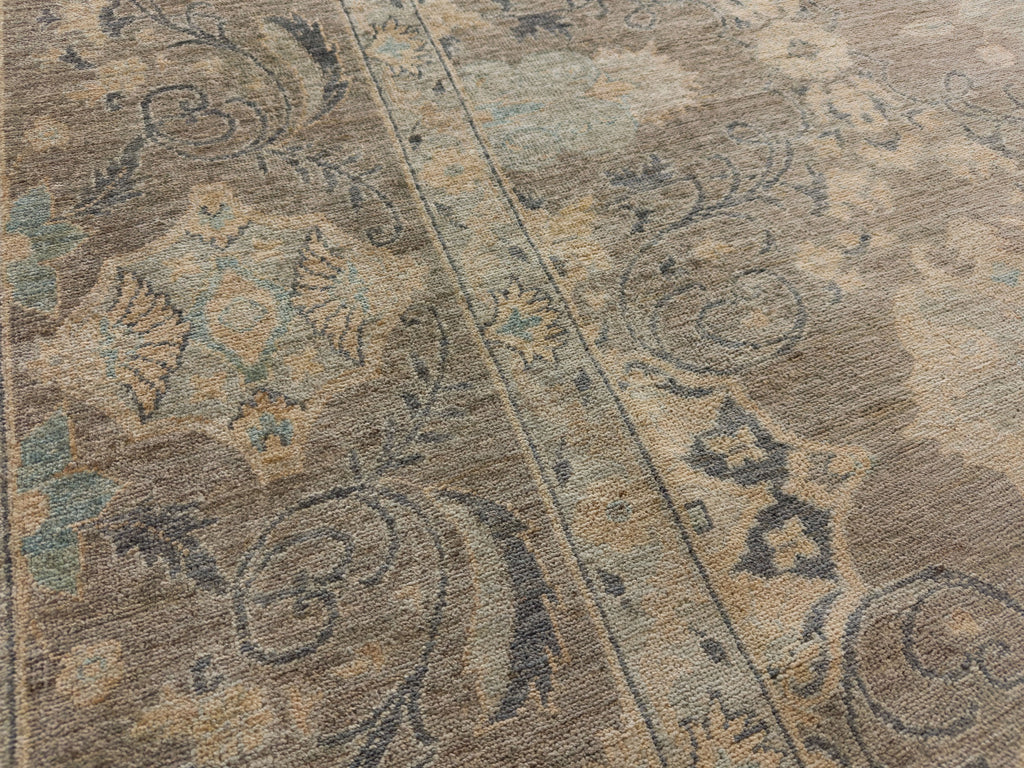 Roya Rugs large modern oushak warm grey rug in 10x14 with neutral tan and light robins egg blue color with floral oriental pattern and low pile texture North Carolina