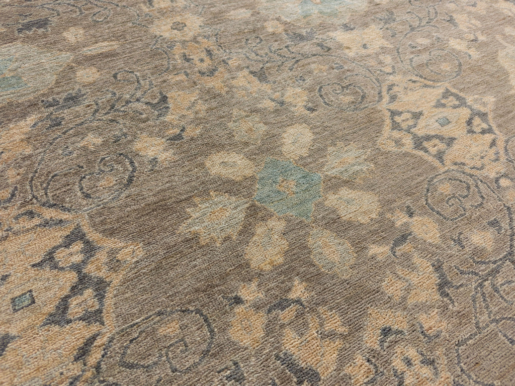 Roya Rugs large modern oushak warm grey rug in 10x14 with neutral tan and light robins egg blue color with floral oriental pattern and low pile texture North Carolina