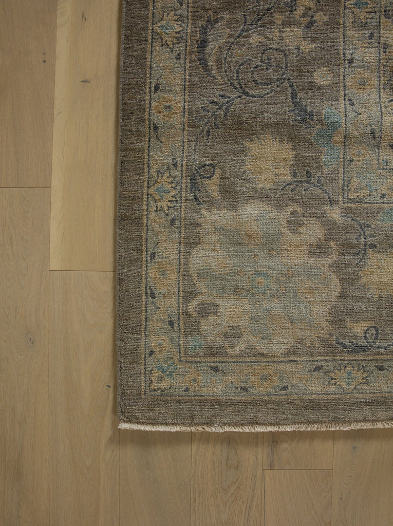 Roya Rugs large modern oushak warm grey rug in 10x14 with neutral tan and light robins egg blue color with floral oriental pattern and low pile texture North Carolina