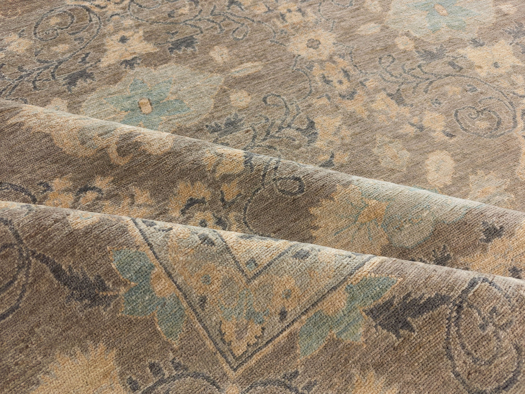 Roya Rugs large modern oushak warm grey rug in 10x14 with neutral tan and light robins egg blue color with floral oriental pattern and low pile texture North Carolina
