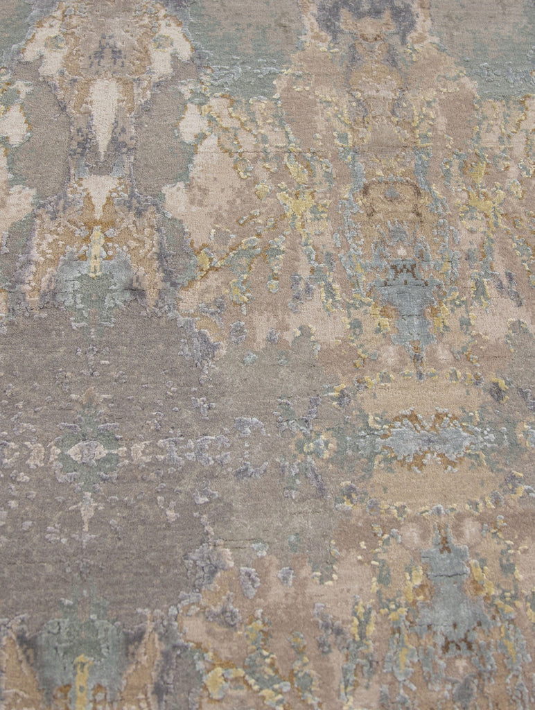8x10 hand knotted luxury taupe and sea green transitional wool & bamboo silk rug with high low texture pile. Roya Rugs North Carolina.