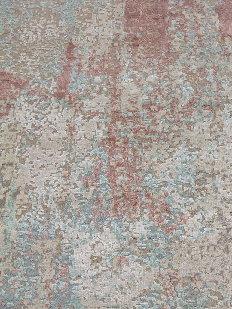 8' x 10' hand knotted contemporary modern pastel color wool and bamboo silk area rug with texture and aqua blue, green, pink, blush, rose quartz, and beige colors.
