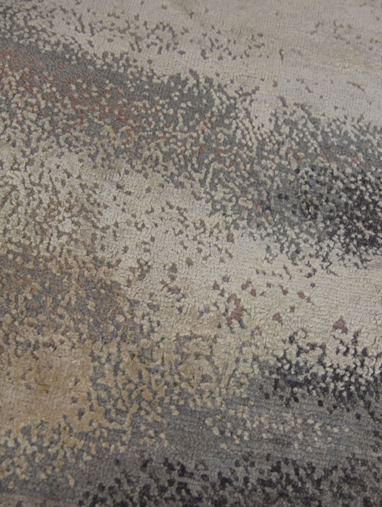 9x12 abstract modern luxury hand knotted wool & silk rug with raspberry red, blush pink, grey, ivory and beige. Rug with texture.