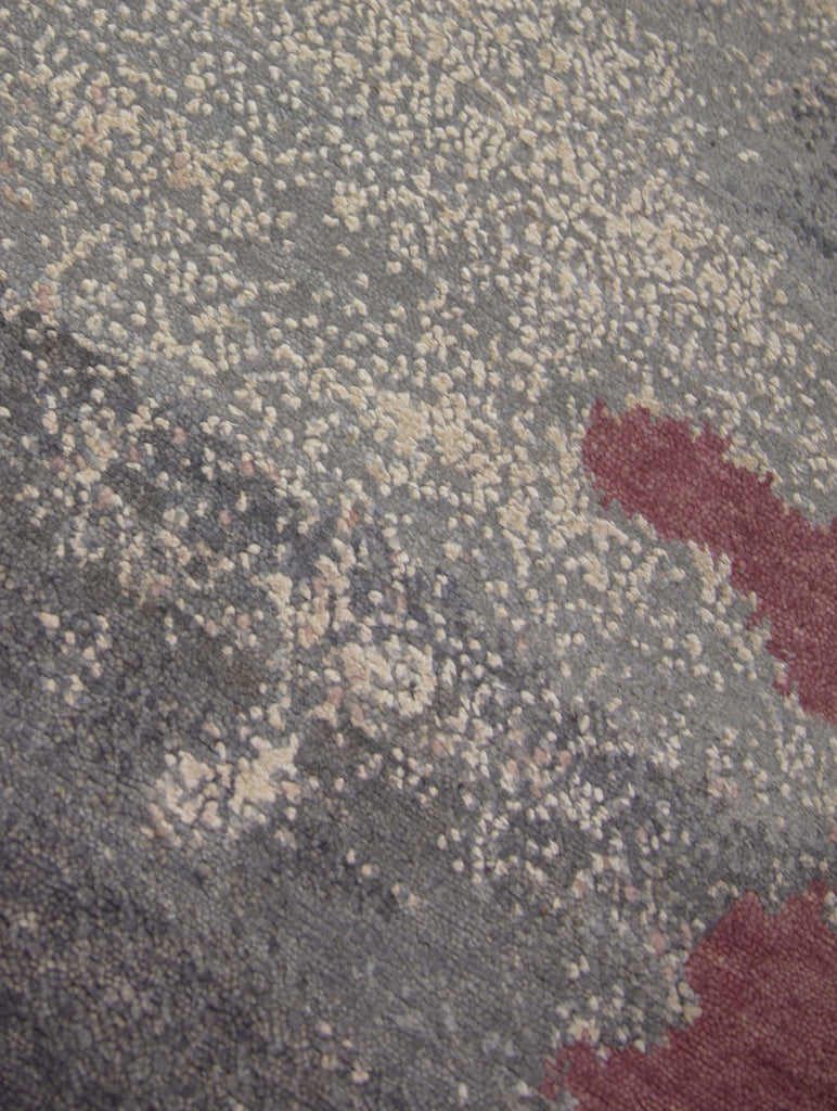 9x12 abstract modern luxury hand knotted wool & silk rug with raspberry red, blush pink, grey, ivory and beige. Rug with texture.