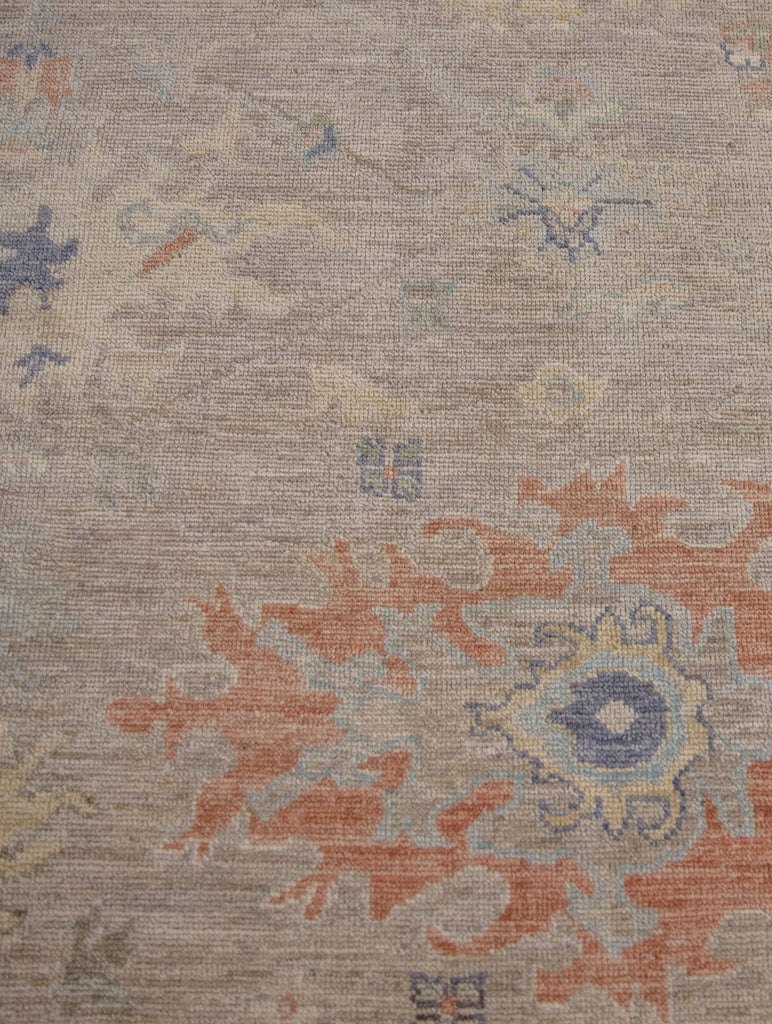 Handmade Hand knotted oushak persian turkish melon colors burnt orange coral yellow light blue grey green gold washed out antique new oversize 10' x 14' wool rug